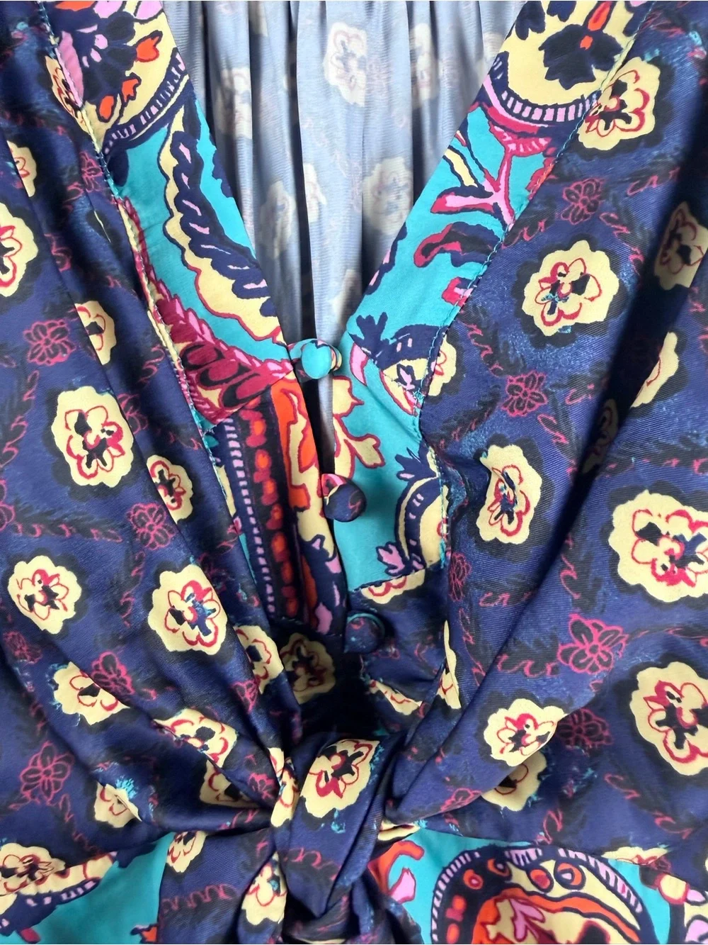 Free people multi print satin tie button long sleeve blouse size small